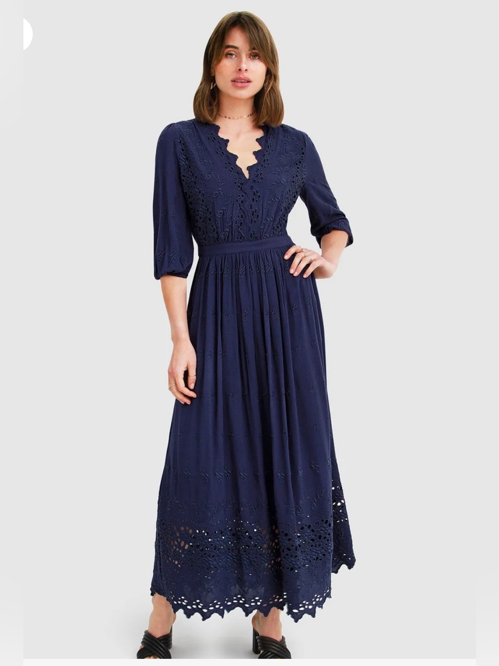 Scalloped V-Neck Maxi Dress in Navy